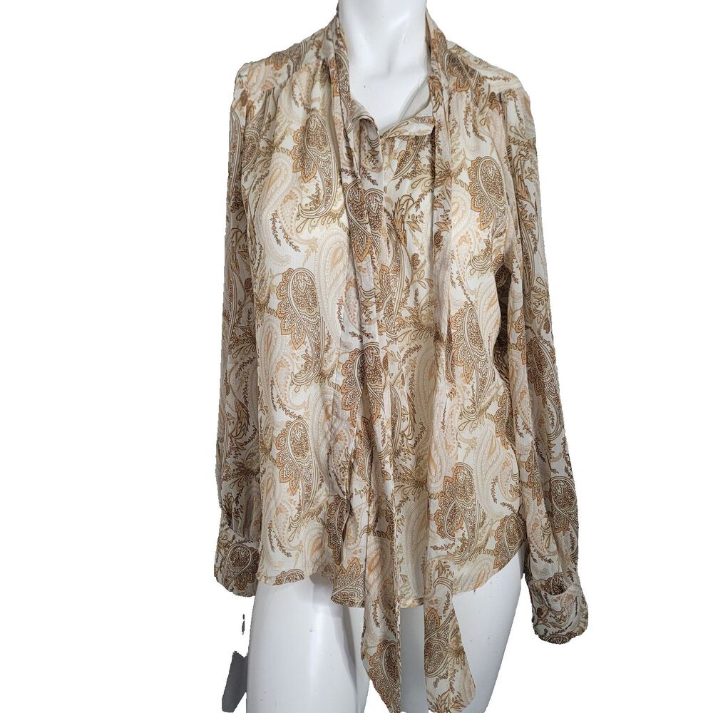 Joie Small blouse button front tie paisley lining longsleeve collar